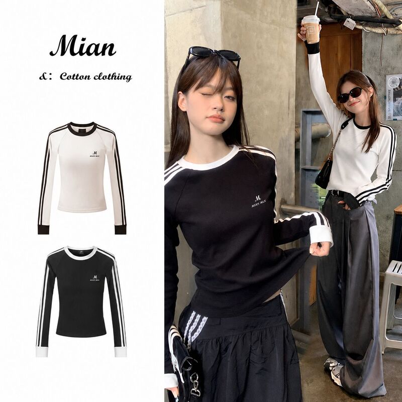 Pure cotton long-sleeved T-shirt for women, 2026 fashion, trendy striped design with raglan sleeves, new autumn collection, original design, slim-fit, and figure-flattering top Pure cotton long-sleeved T-shirt for women, 2026 fashion, trendy striped design with raglan sleeves, new autumn collection, original design, slim-fit, and figure-flattering top