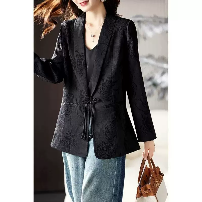锦裳新款盘扣提花西装外套女2025春秋季新款气质上衣欧货大码