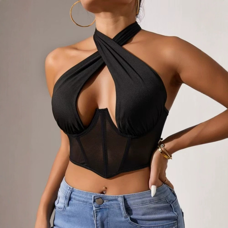 Halter-neck mesh corset top with fishbone underwire, sexy and alluring, suitable for wearing as outerwear, with open back and halter-neck ties