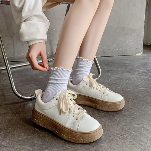 Women's Black and White Mushroom Edge Mid-Calf Socks, Thin, Comfortable, Breathable, Simple and Versatile, Wholesale