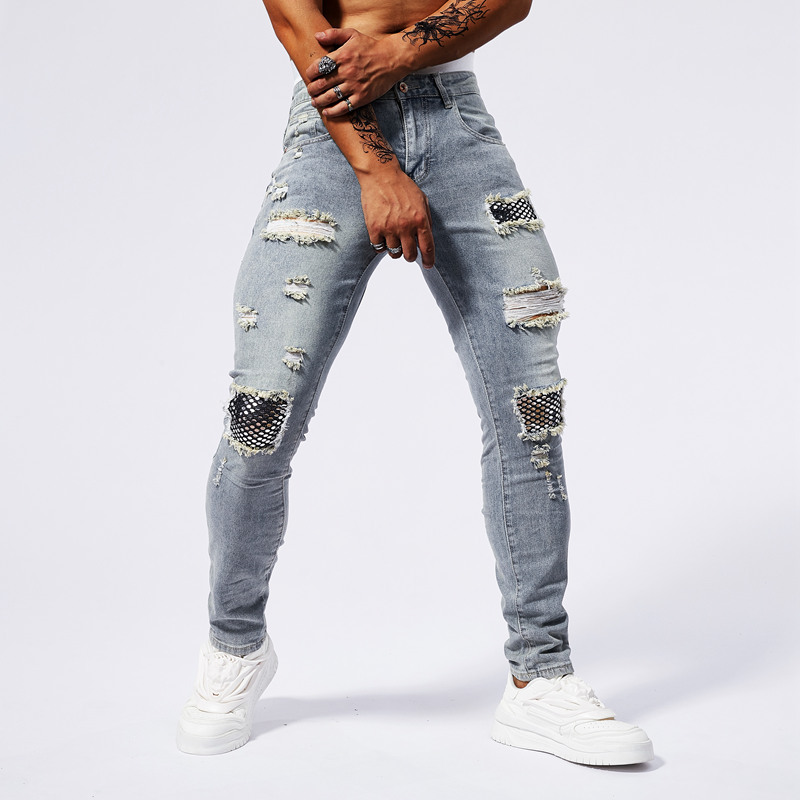 Cross-border amazon independent station men's casual ripped jeans personality patch ins tight trousers jeans