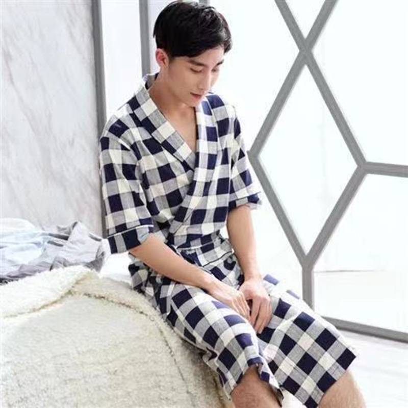 Pareja de primavera y verano Camisón de algodón de manga corta moda sexy largo Albornoz de algodón de las mujeres pijamas de los hombres