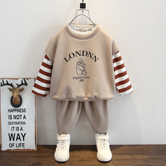 男童衛衣套裝2024新款春秋裝洋氣寶寶條紋衛衣兒童春季馬甲三件套