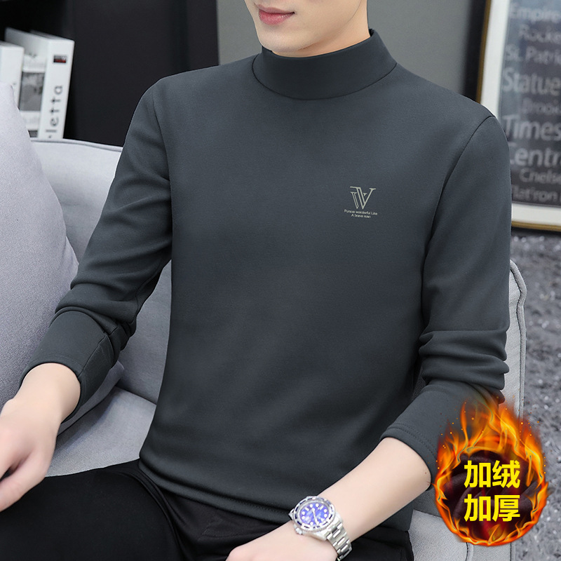 Autumn and Winter Thickened Silver Fox Velvet Youth Long-sleeved T-shirt Half-high Collar fleece-lined Warm Base Shirt Top T-shirt for Men
