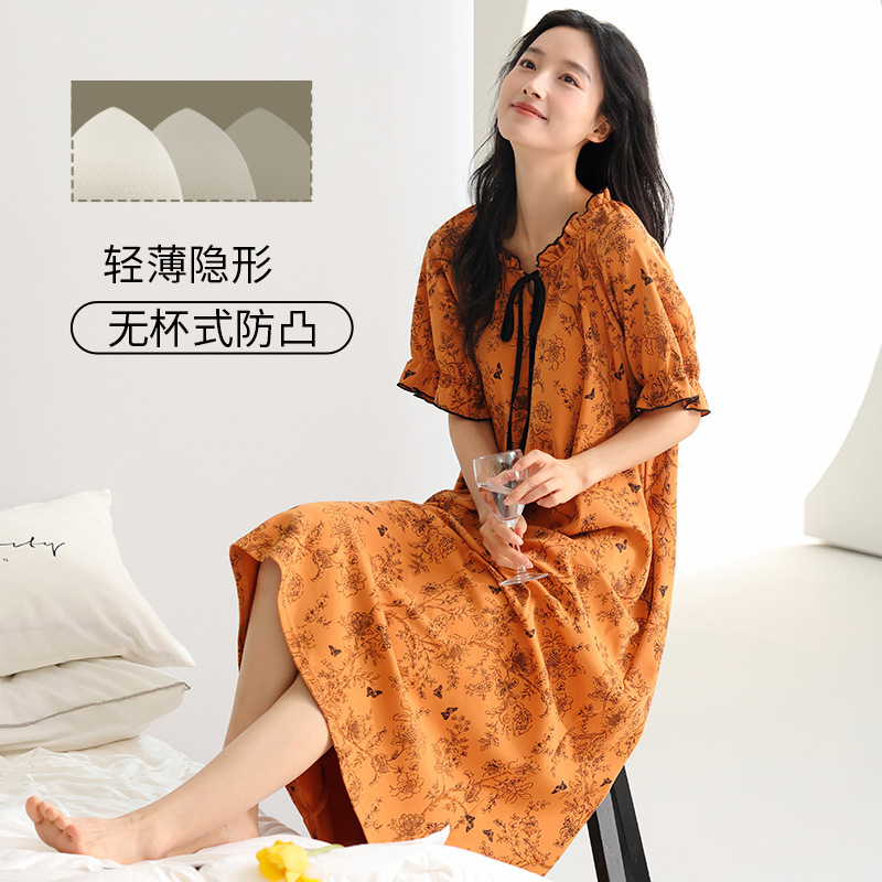 Pijama de algodón para mujeres con cojín de pecho pijama de mangas cortas 2025 nuevo vestido de cuello redondo se puede usar ropa de hogar grande