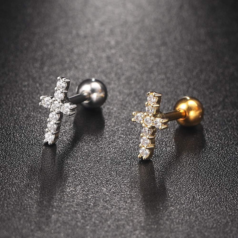 Daily Occasion Simple Style Cross Round Flower Copper Plating Inlay Zircon Ear Studs 1 Piece