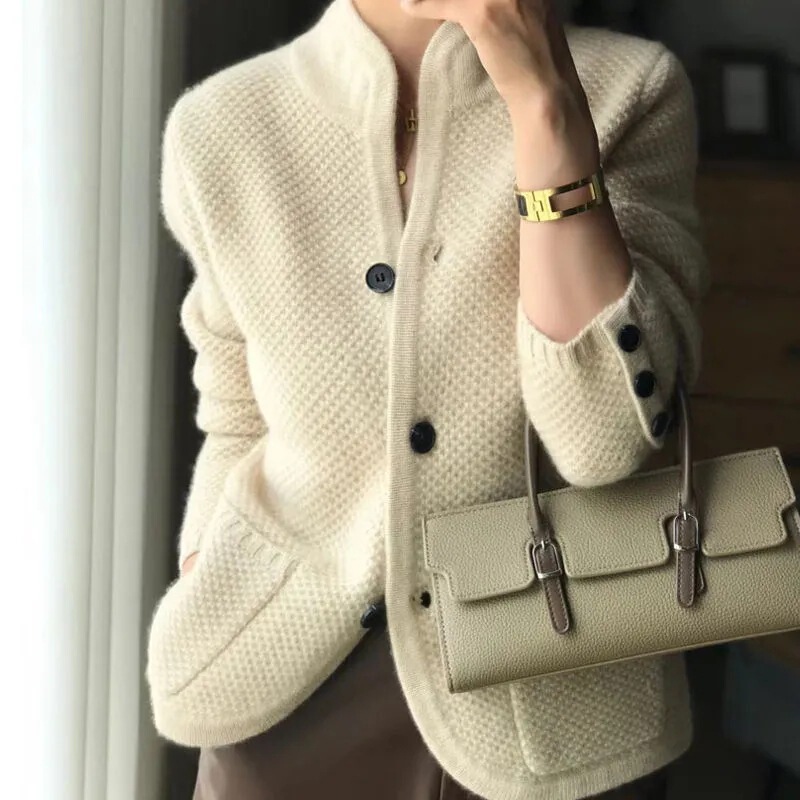高級中国式女装復古風秋冬にウールカーディガンの立襟セーターのニットのゆるいコートの女性を厚くする|undefined