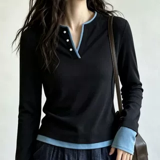 德绒正肩撞色V领纽扣打底长袖T恤女秋冬季新款假两件修身显瘦上衣