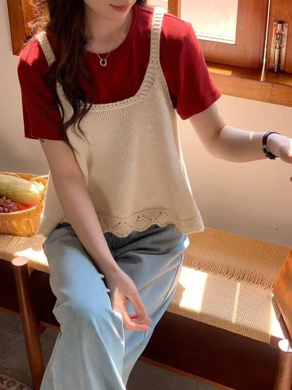韩系甜美减龄叠穿针织吊带背心女春夏新款小个子毛衣马甲外搭上衣|undefined