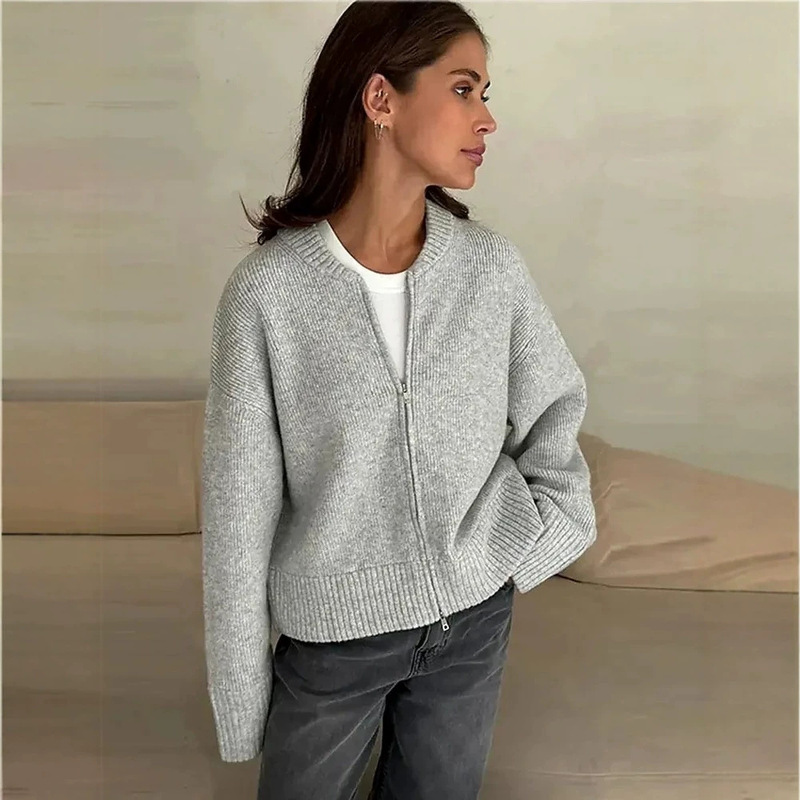 2026 European and American Cross-Border Foreign Trade Women's Clothing Autumn and Winter Hot-Selling Casual Zipper Loose Knitted Cardigan Jacket Sweater Top