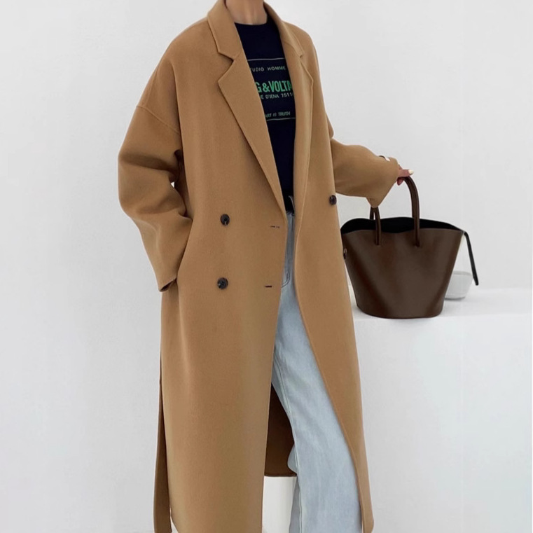 Lazy Korean Cocoon-Shaped Lace-Up Double-Sided Wool Outwear Mid-Length Autumn and Winter Outwear Loose and Simple 25 Years New Style for Women