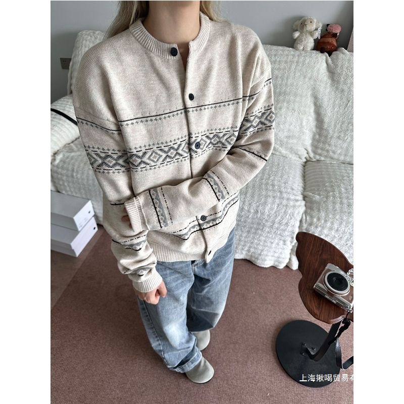 Personalized Trendy Jacquard Round Neck Sweater Jacket for Men and Women in Autumn and Winter New Loose Couple Knitted Cardigan