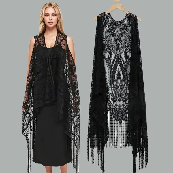 Hollow Bikini Sun Protection Cover-Up European and American Style Lace Vest Women's Beach Shawl with Mid-Length Cardigan