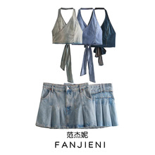 ZR外贸批发 欧美风女装 双襟牛仔挂脖背心宽褶牛仔裙 2659170 407