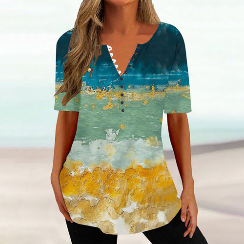 Direct selling of new European and American summer women's 3D printed V-neck button-down short-sleeve top