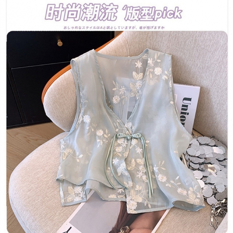 中国刺繍ベストレトロシフォン 2025 ボタン夏国民風ノースリーブ新しいベストトップ肉をカバー|undefined