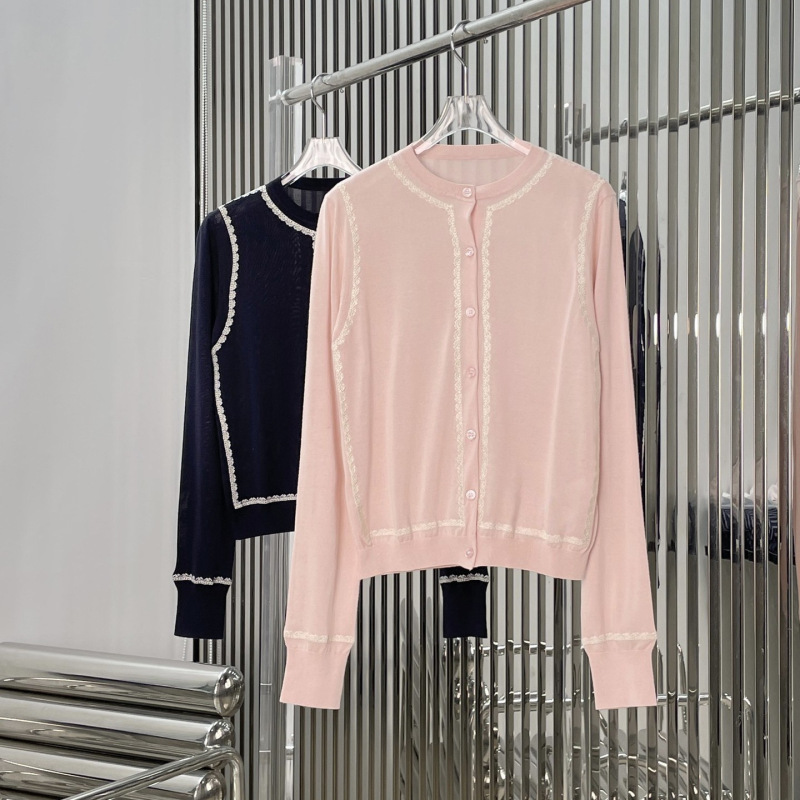 European New Style Women's Lace Trim Color-Blocked Round-Neck Knit Cardigan, Vintage Fashionable Exquisite and Elegant