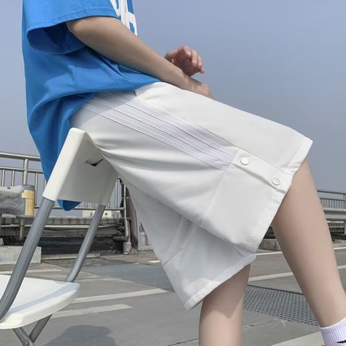Summer Couple Style Striped Side Button Shorts for Men, Casual Hip-hop Loose Oversize Sports Five-Pocket Pants