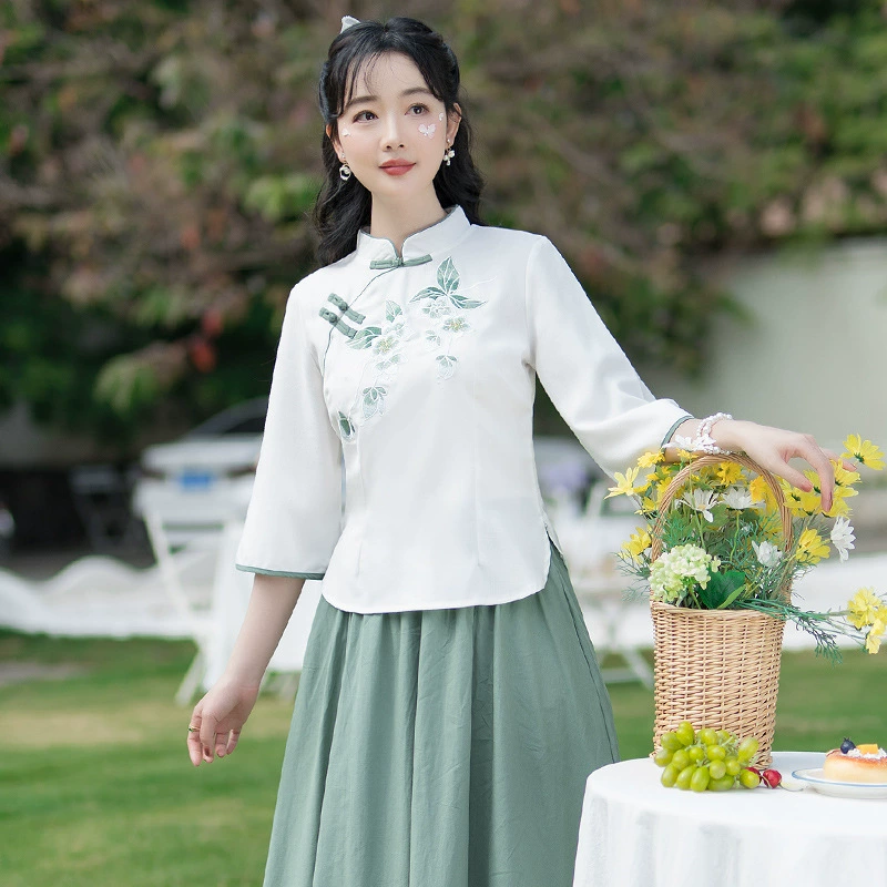 Весна и лето новый стиль Китайской Республики женская одежда элегантный китайский Ретро воротник-стойка вышитый хлопок и лен костюм Тан чайная одежда сбор ушей Учительская одежда