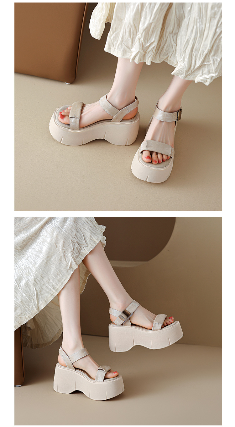 Sandal cao gót nữ phong cách Pháp cổ điển đế xuồng tăng chiều cao hở mũi khóa kim loại — màu nâu, màu đen, màu trắng ngà chi tiết 12