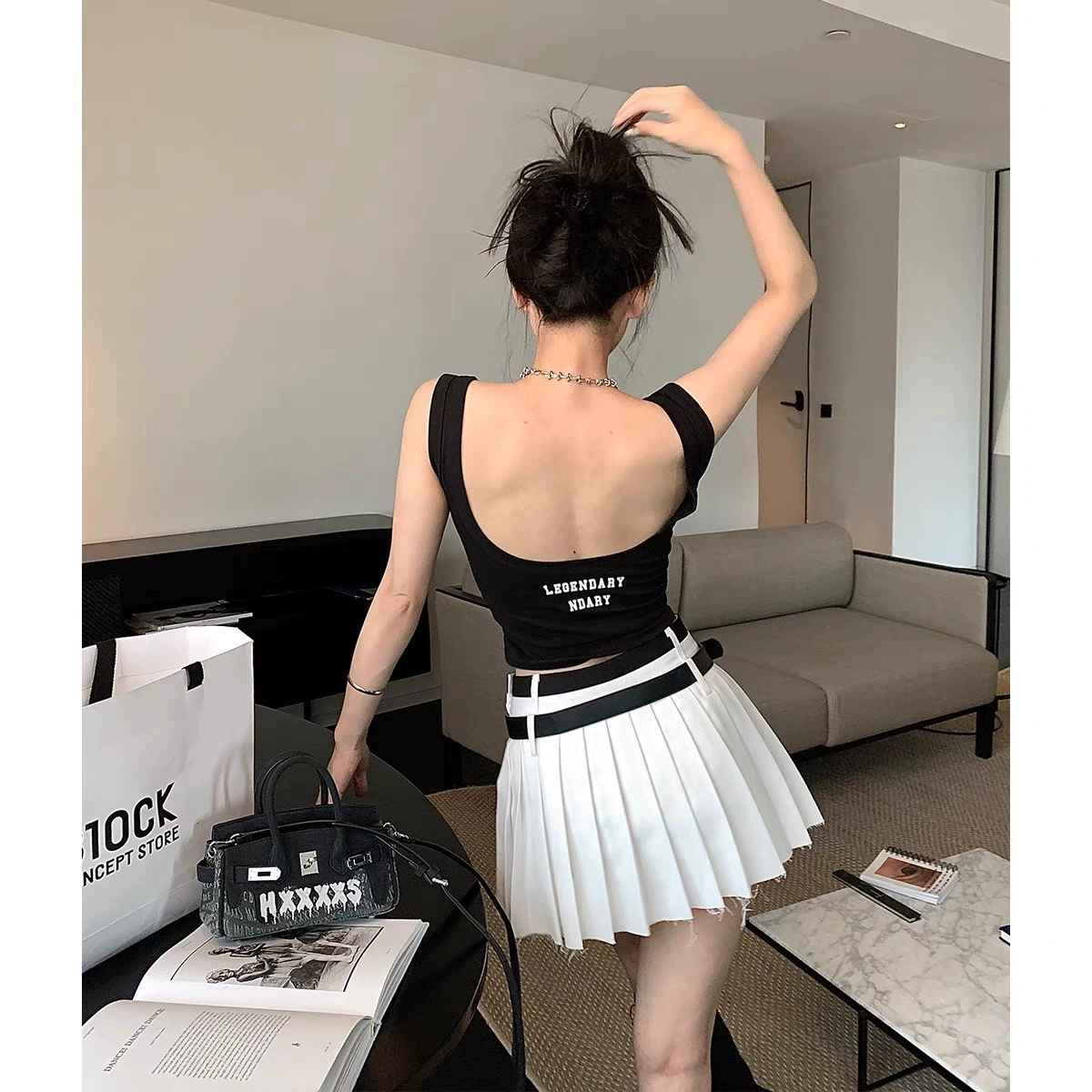 Tie, top with cups with letters, tank top, fitted underwear as outerwear, beautiful back, backless