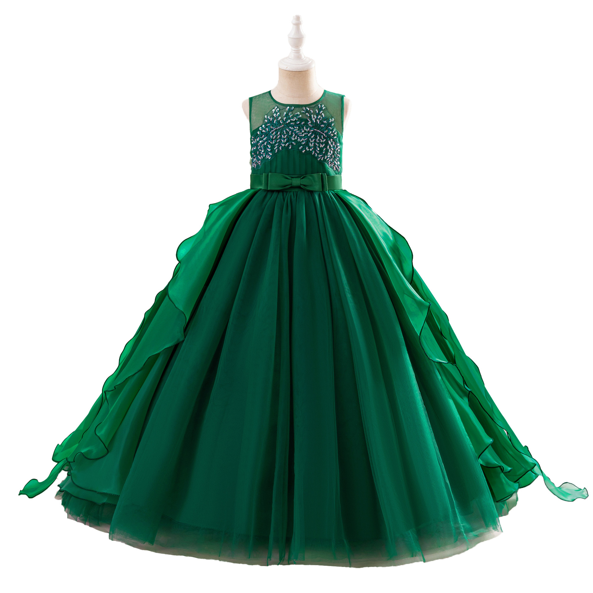 Vestido de princesa para niñas, vestido para actuación de piano, vestido de gasa con cola, vestido sin mangas con cuentas, vestido de pasarela para niñas