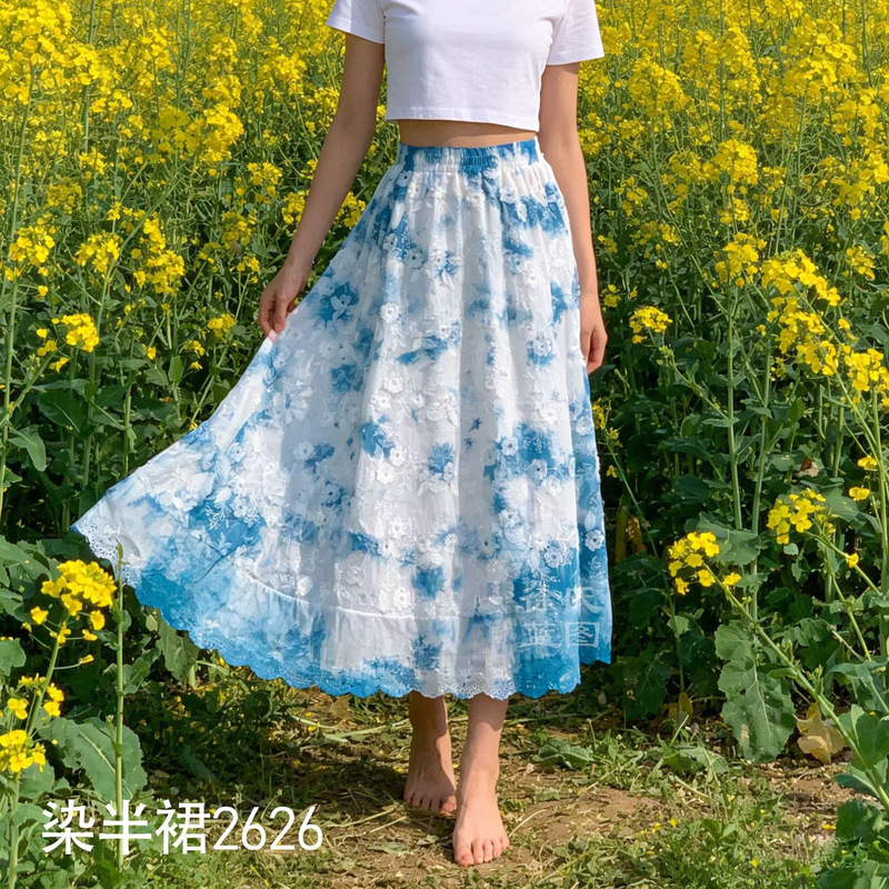 Dali Handmade Tie-Dye Artistic Style Cotton Skirt, Spring and Summer Outing Holiday Slimming Blue-Dyed Embroidered Long Skirt Dali Handmade Tie-Dye Artistic Style Cotton Skirt, Spring and Summer Outing Holiday Slimming Blue-Dyed Embroidered Long Skirt