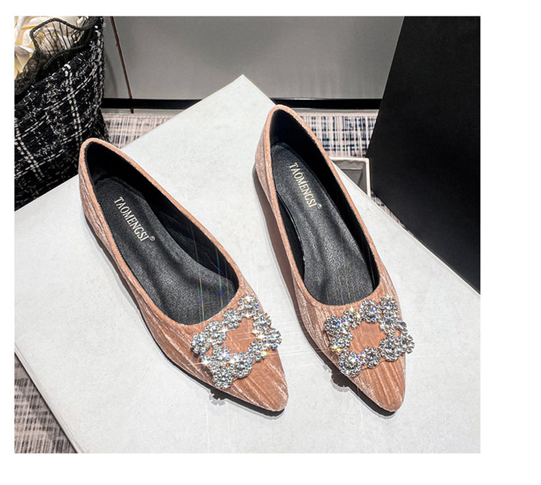 Giày búp bê nữ mũi nhọn nhung nhung Pháp khóa vuông đính đá, đế bằng, gót thấp 1–3 cm — Màu hồng (đáy phẳng), Màu đen (đế bằng) chi tiết 26