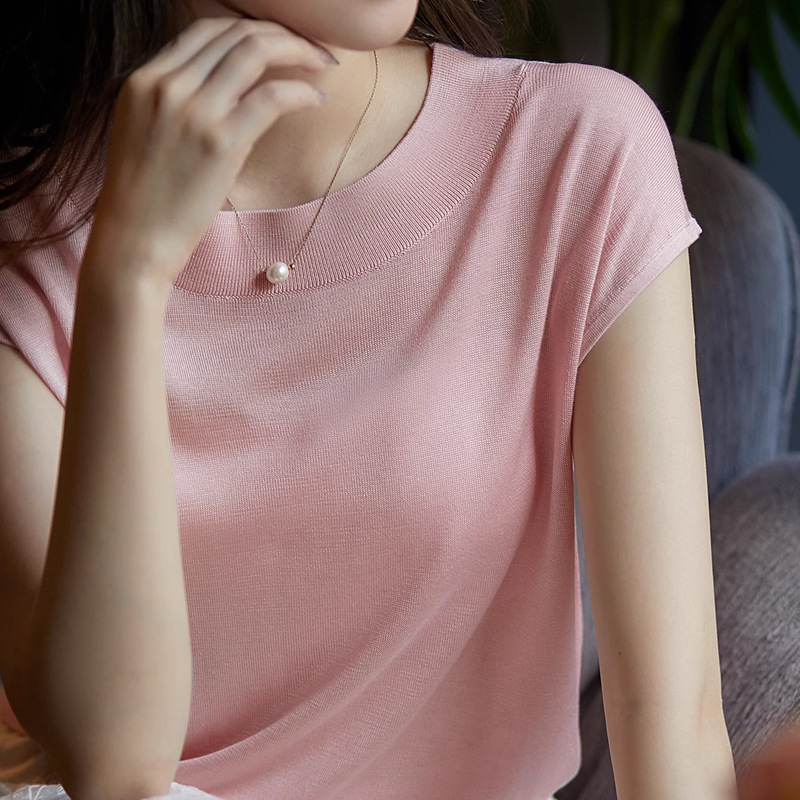Breathing Knitted Short-sleeved Three-point Sleeve Summer T-shirt Women's Mulberry Silk Crewneck Sleeve Simple Knitted Shirt Top for Women