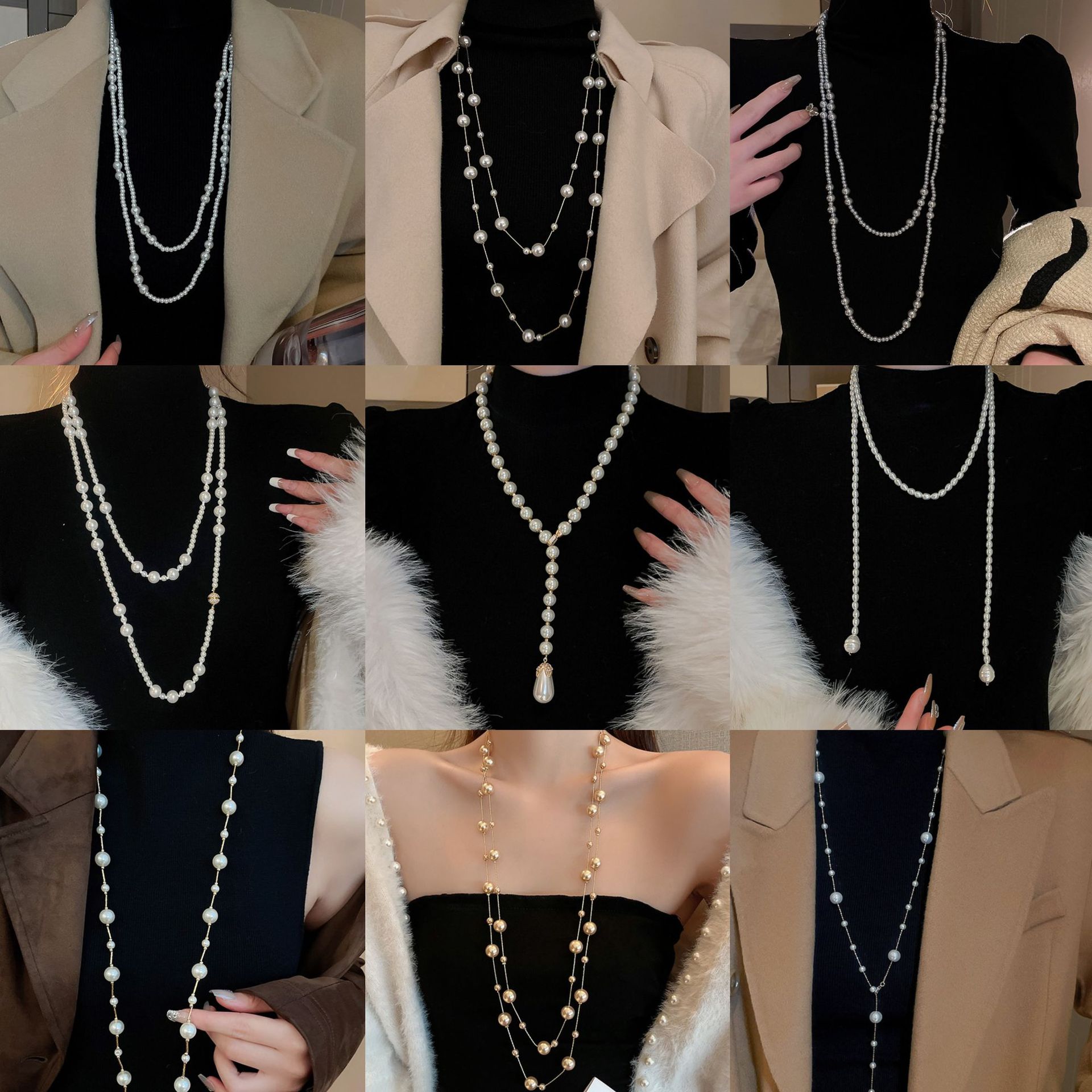 Collar con cuentas de perlas de gota de agua con diamantes transfronterizos otoño e invierno cadena de suéter de lujo ligero francés moda todo fósforo joyería de alta gama