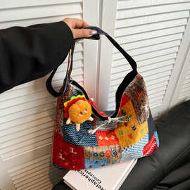 春夏新款撞色复古拼接颜色布包正反两用背包大容量单肩斜挎包女包