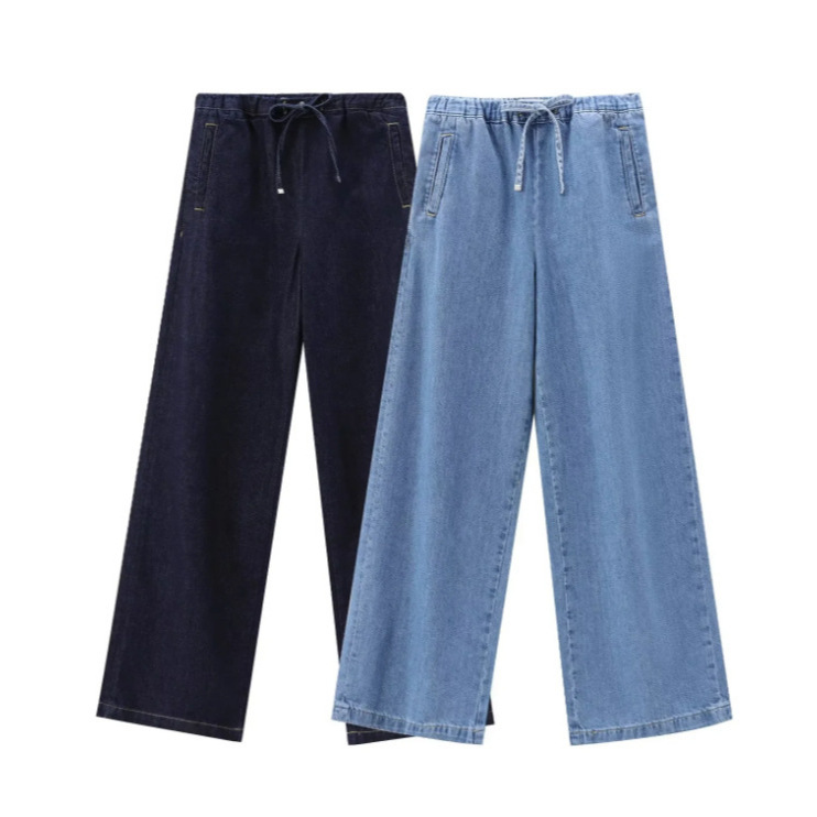 Foreign Trade Cross-border 2024 Spring and Autumn New Women's European and American Style Loose Straight Pants Street Drawstring Jogging Jeans