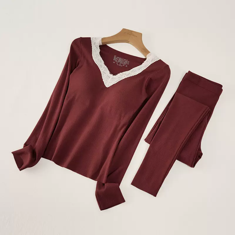 蕾丝V领保暖内衣套装本命年秋衣秋裤女打底加绒蚕丝绵羊毛保暖衣