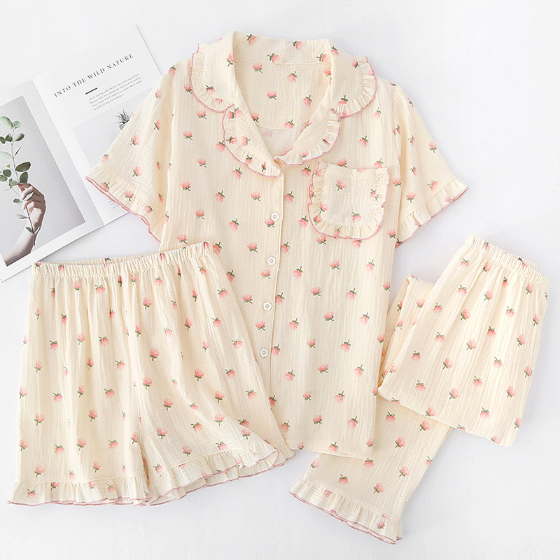 Pajamas Women's Summer Thin Cotton Cotton Yarn Small Fresh Short-sleeved Shorts Home Clothes Three-piece Set for Outer Wearing Loose