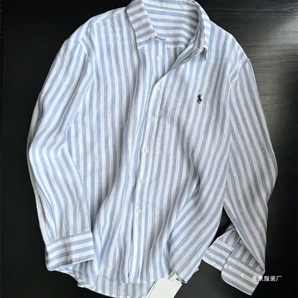 Pony Embroidered Design Blue Stripesd Long-Sleeved Shirt Men's Summer Loose Lazy Style Light Sun Protection Shirt Jacket