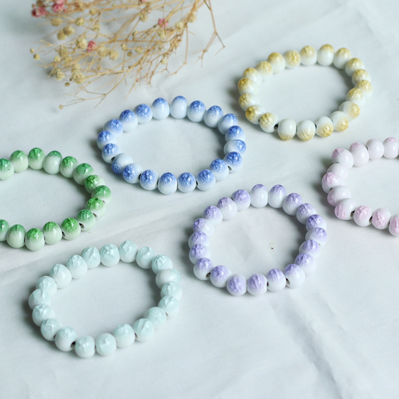 Jingdezhen Ceramic Ice Cracking Bracelet Split Glaze Crystal Beaded Bracelet Pink Purple Blue Factory Straight Hair