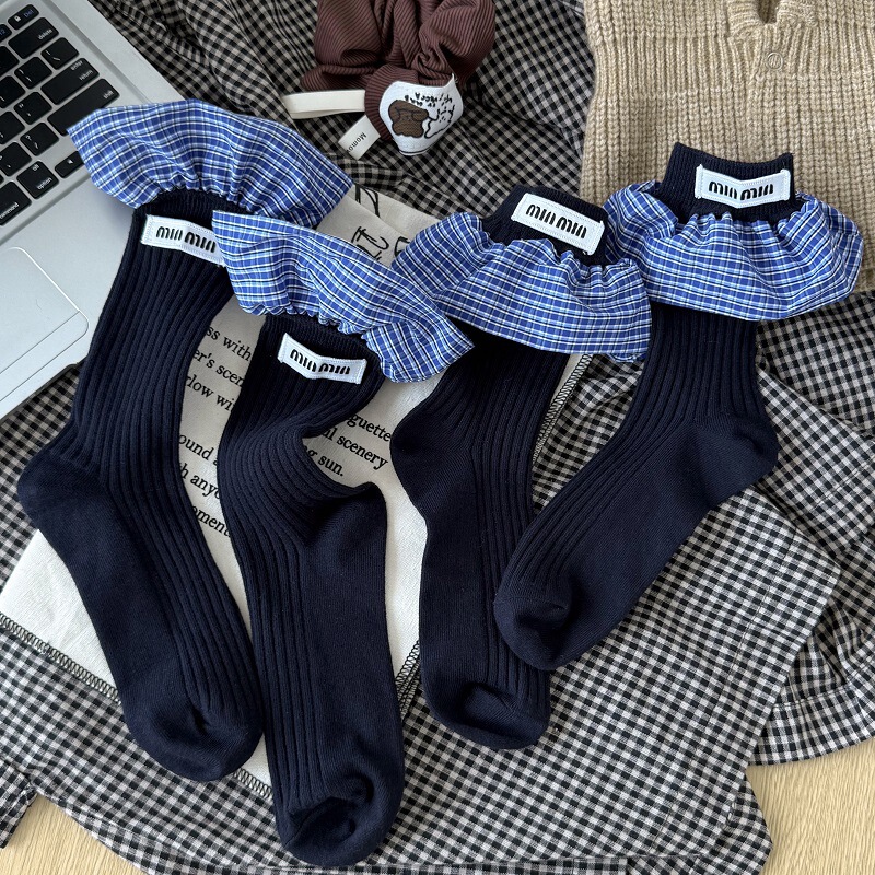European products niche new socks women's miu style letter stitching navy blue style net red mid-length socks with wooden ear stockings