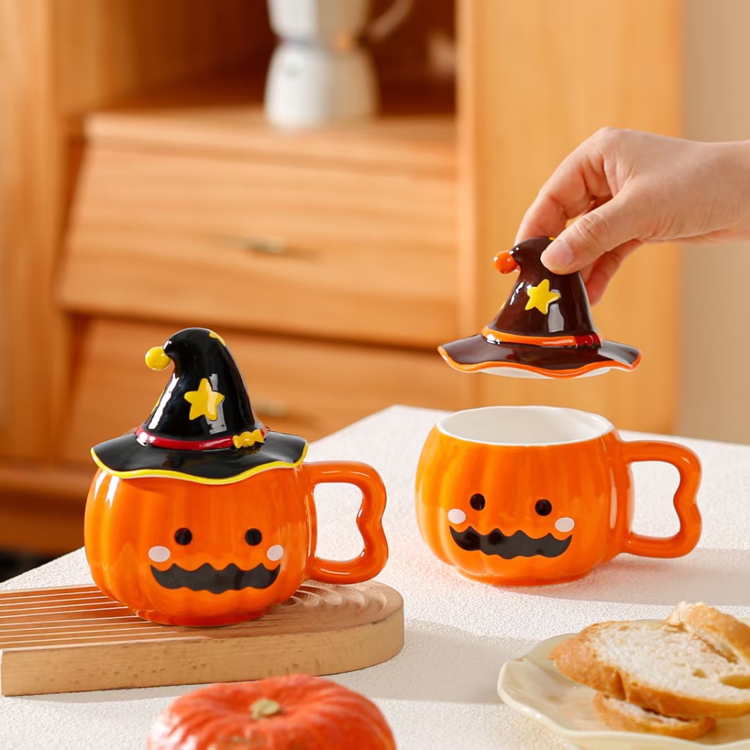 Taza de calabaza de Halloween, taza de agua cerámica encantadora, taza de café con tapa, taza creativa
