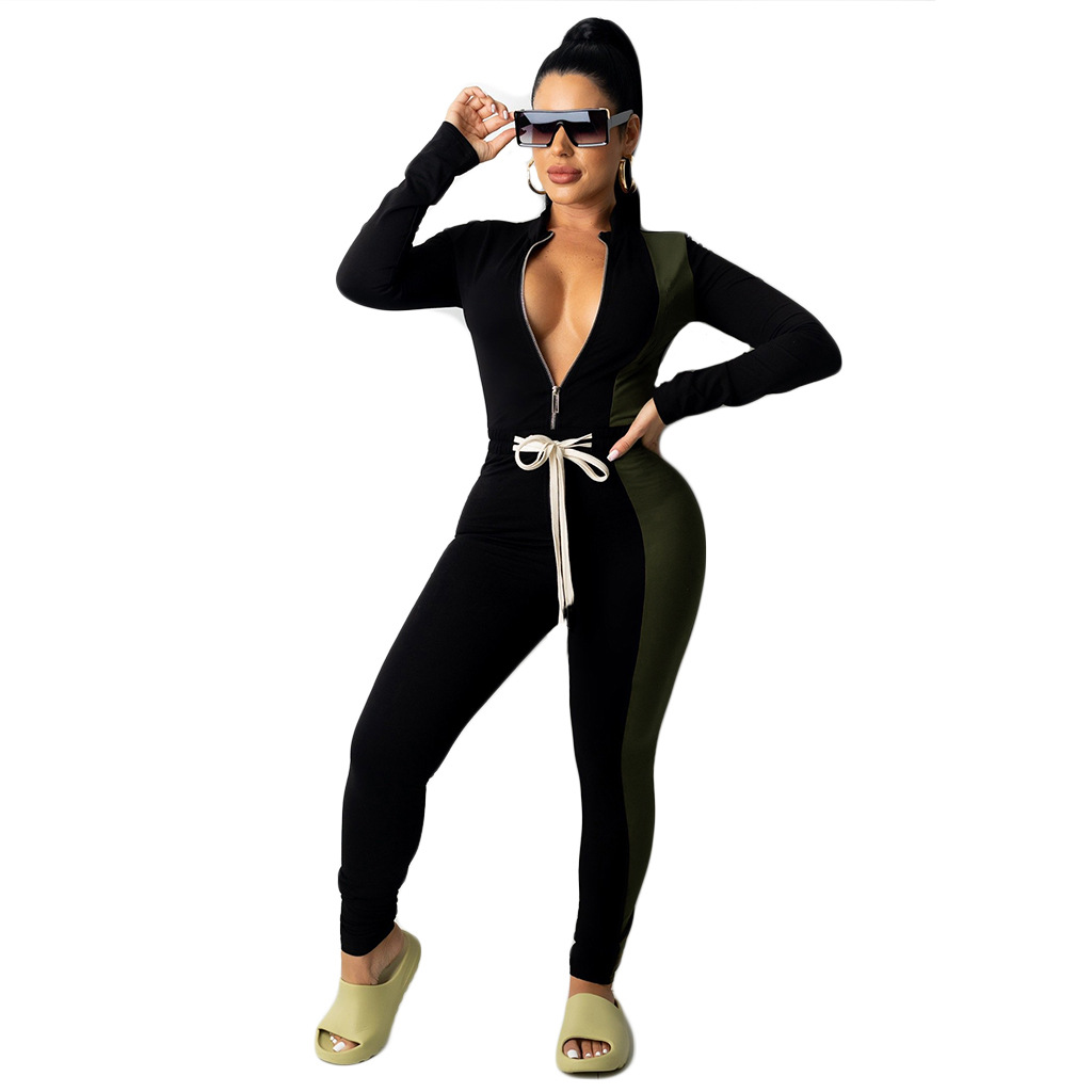 Solid Color Stitching Tie Long-Sleeved Jumpsuit NSGCX116432