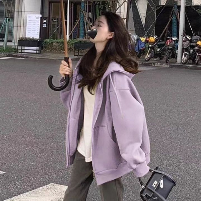 超显白纯色连帽卫衣女秋冬季加绒加厚宽松慵懒ins风拉链开衫外穿|undefined