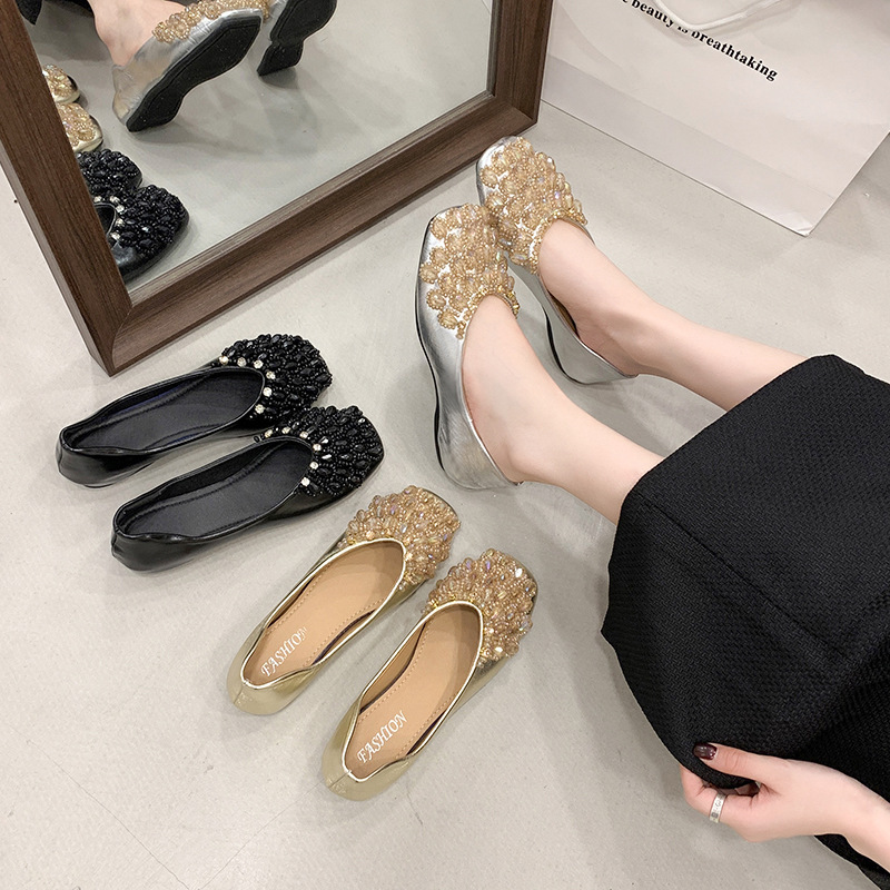 2026 New Style Fairy-Style Soft-Soled Rhinestone French Crystal Flats for Spring and Summer, Square-Toed Flat Shoes for Women, Shallow Mouth Single Shoes for Women