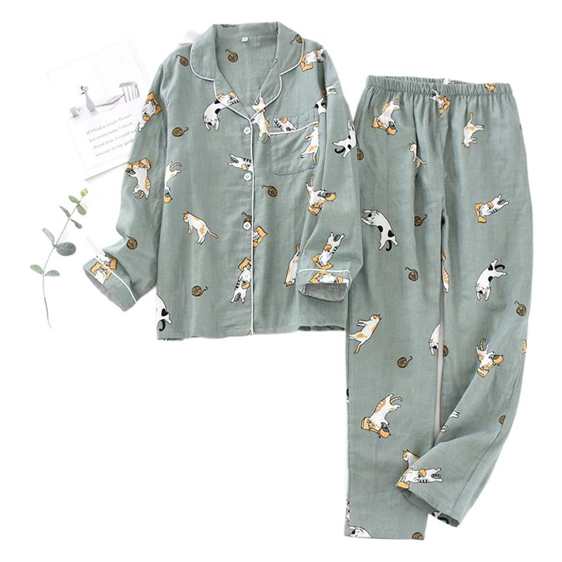 Пара весна-лето тонкие хлопковые двойные марлевые пижамы женские брюки с длинным рукавом Домашняя одежда волосы мультяшного кота 2020