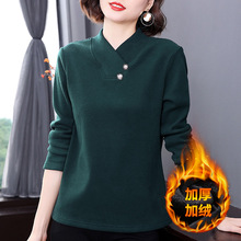 中老人妈妈装秋冬季德绒保暖打底衫女装新款大码v领长袖t恤上衣服