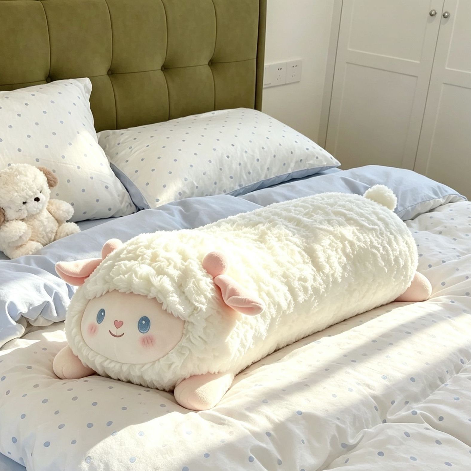 Cute fluffy little lamb long pillow plush toy for side sleeping, leg-hugging doll for bed and dormitory use