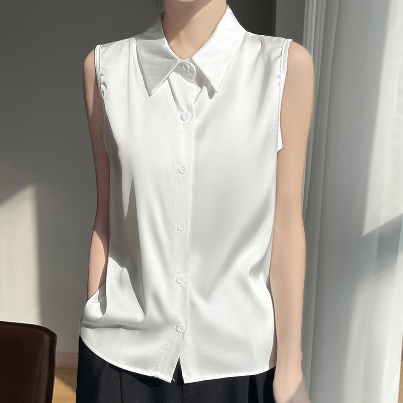2025 Summer New Women's Sleeveless Shirt Elegant Commuter Professional Satin Ice Silk Loose Polo Collar Base Vest 2025 Summer New Women's Sleeveless Shirt Elegant Commuter Professional Satin Ice Silk Loose Polo Collar Base Vest