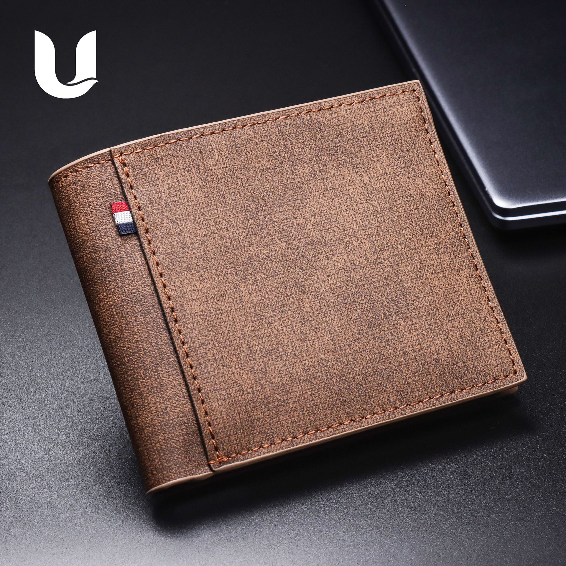 New frosted men's wallet, business short style, large capacity, fashionable retro trendy three-in-one bag, men's leather wallet