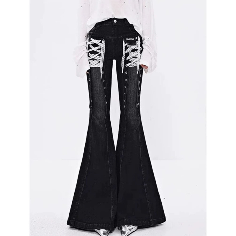 American Retro Subculture Spicy Girl Lace-Up Flared Jeans for Women, Low-Waist Slim Fit Bell-Bottom Floor-Length Pants