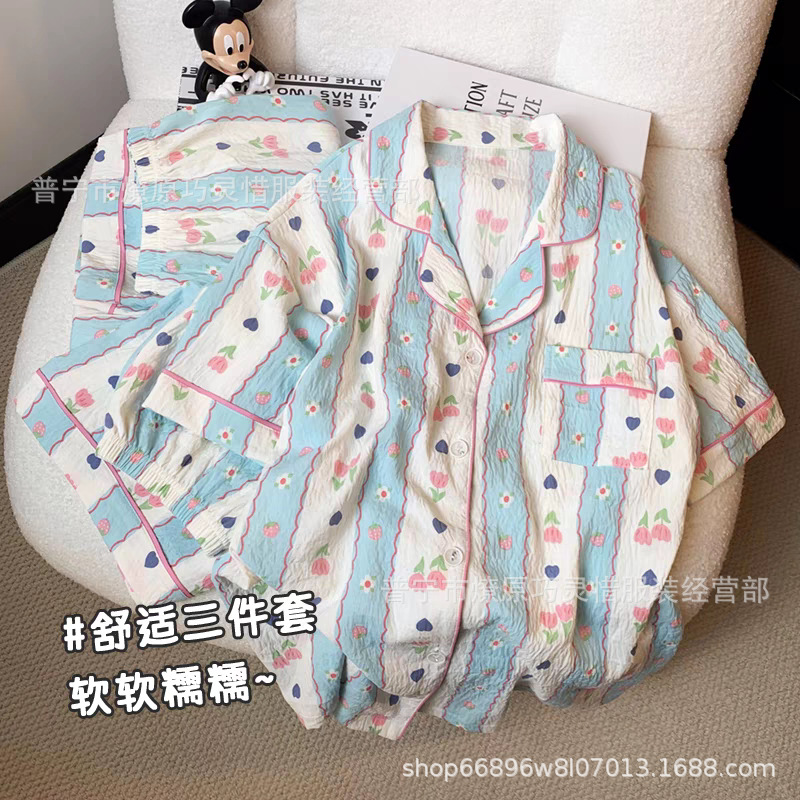 Red famosa nuevo pijama de mujer nubes de verano algodón pantalones cortos de manga corta pantalones largos de tres piezas de dibujos animados set de ropa para el hogar
