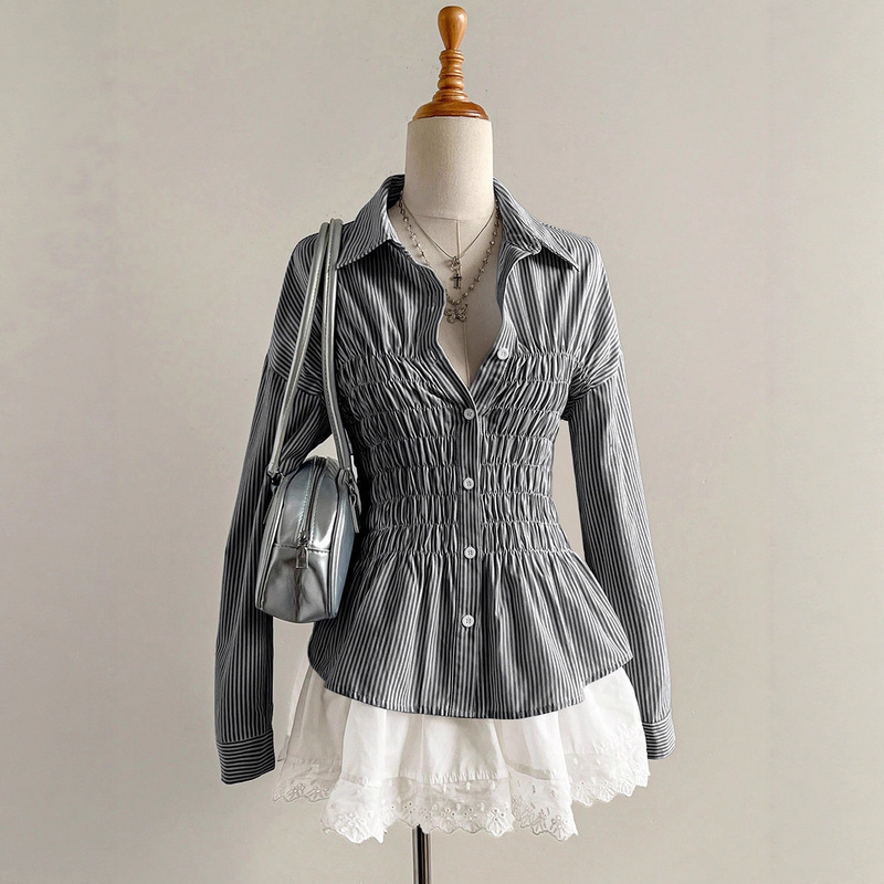 Fashionable Sweet Striped Waist-Slimming Shirt French Sexy Stand Collar Versatile Long-Sleeve Top Outerwear Fashionable Sweet Striped Waist-Slimming Shirt French Sexy Stand Collar Versatile Long-Sleeve Top Outerwear