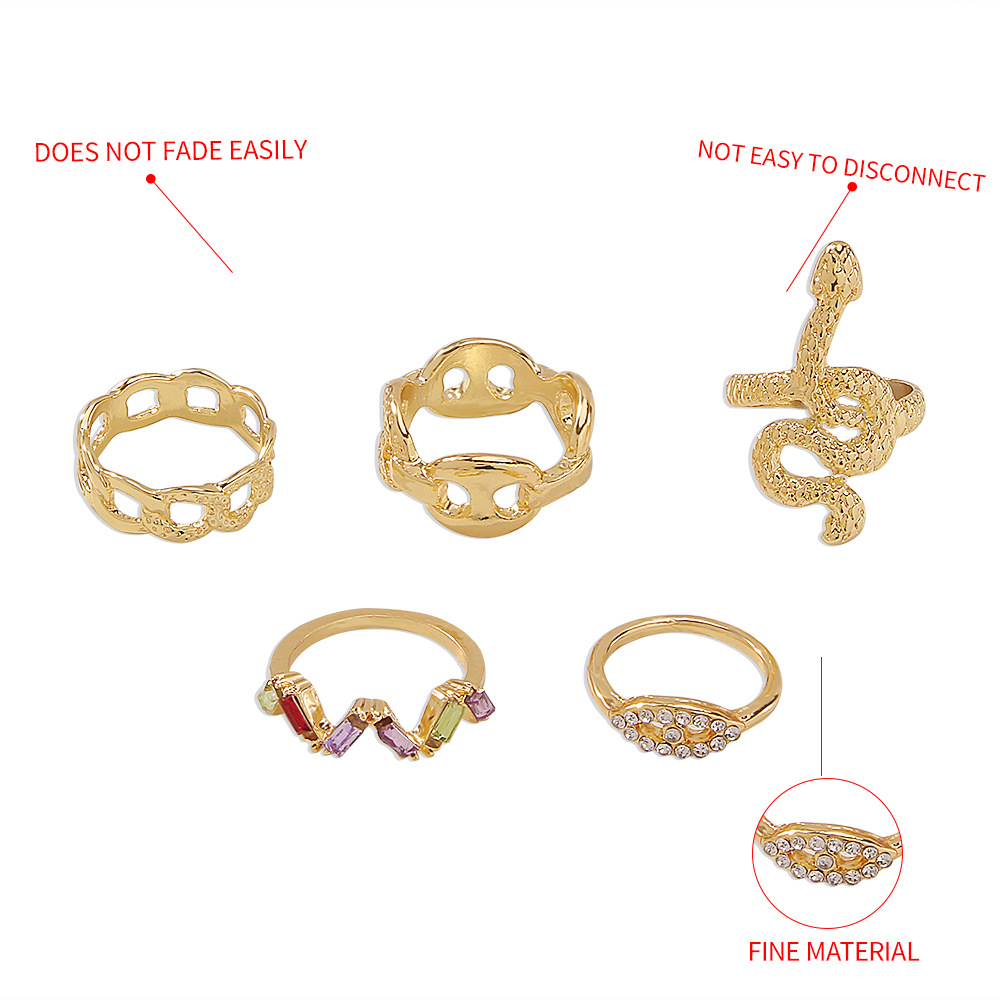 R0699 Cross-border Exaggerated Personalized Hollow Ring Female Snake-shaped Diamond-embedded Graceful And Fashionable Trendy Cool Knuckle Ring 5-piece Set display picture 6